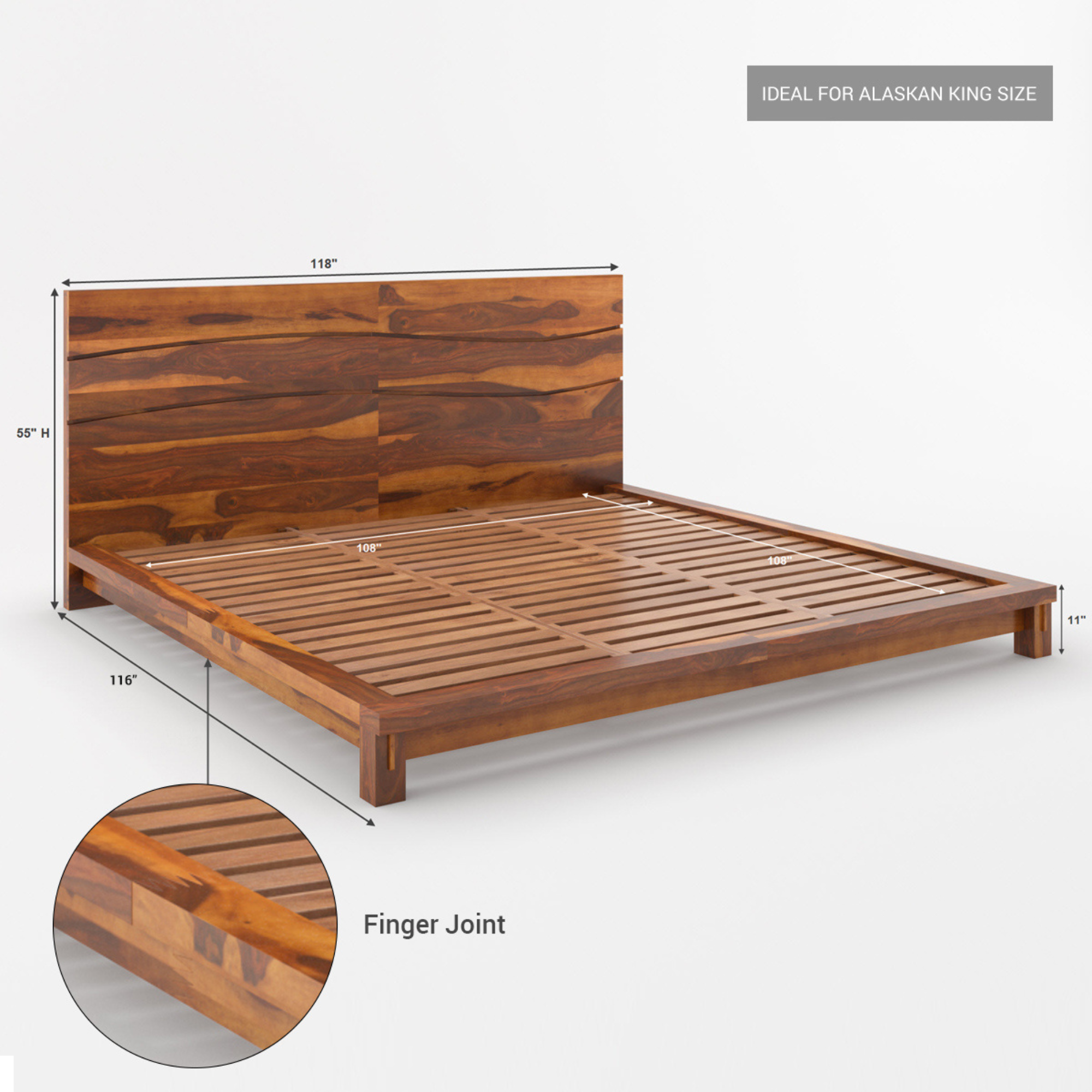 Luxury Solid Wood Platform Bed with High Headboard – Modern Wave Design Handmade Wooden Bed Frame