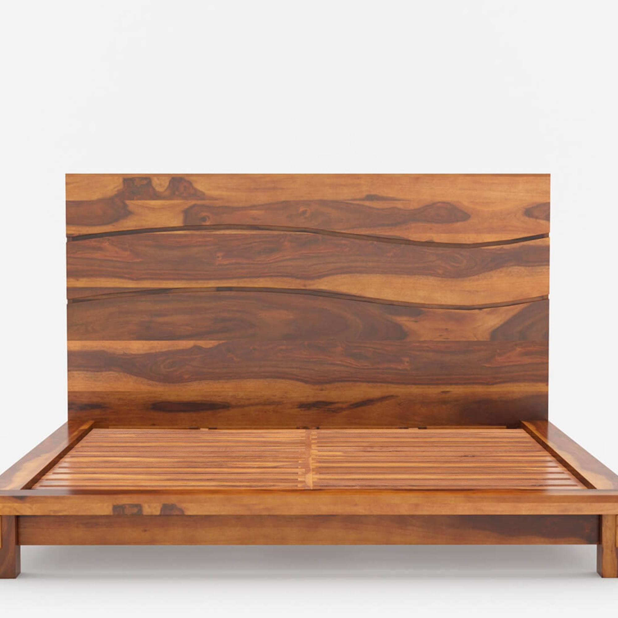 Luxury Solid Wood Platform Bed with High Headboard – Modern Wave Design Handmade Wooden Bed Frame
