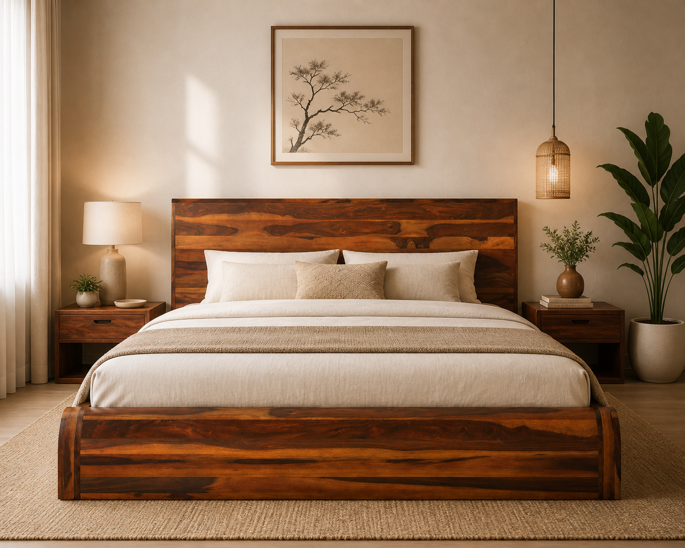 Solid Wood Platform Bed Frame Minimalist Low Profile Bed Handmade Wooden Bed Modern Bedroom Furniture King Queen Size