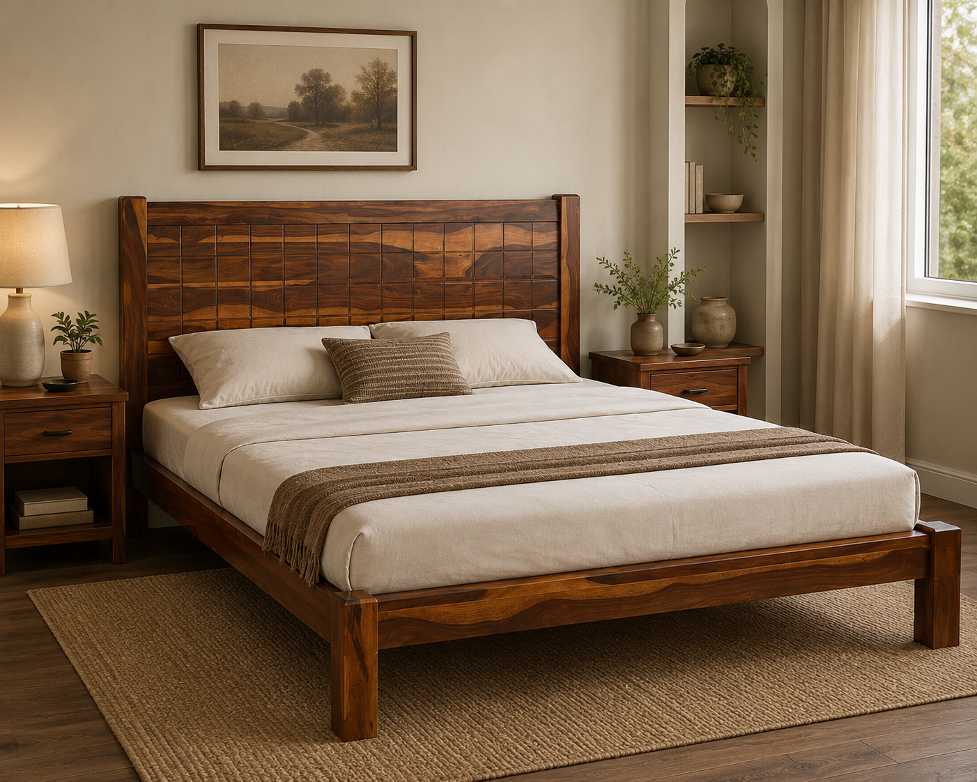 Modern Solid Wood Platform Bed Frame – Handmade Rustic Wooden Bed