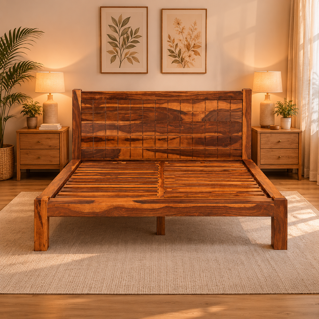 Modern Solid Wood Platform Bed Frame – Handmade Rustic Wooden Bed