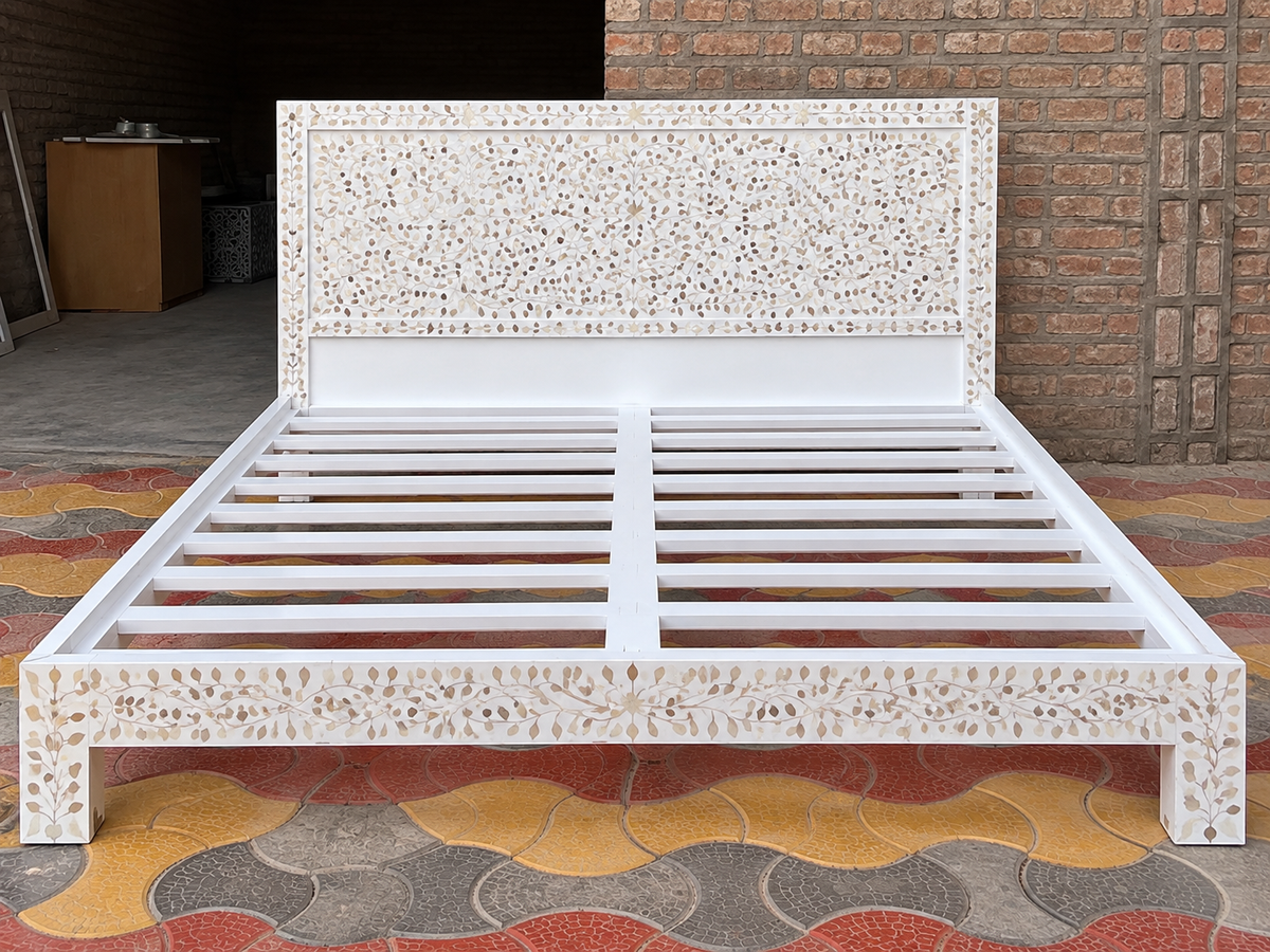 White Mother of Pearl Inlay Bed – Handmade Floral MOP Bed Frame with Headboard