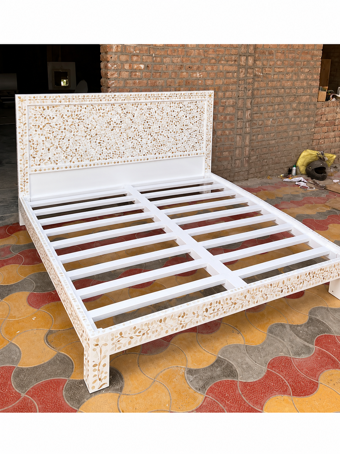 White Mother of Pearl Inlay Bed – Handmade Floral MOP Bed Frame with Headboard
