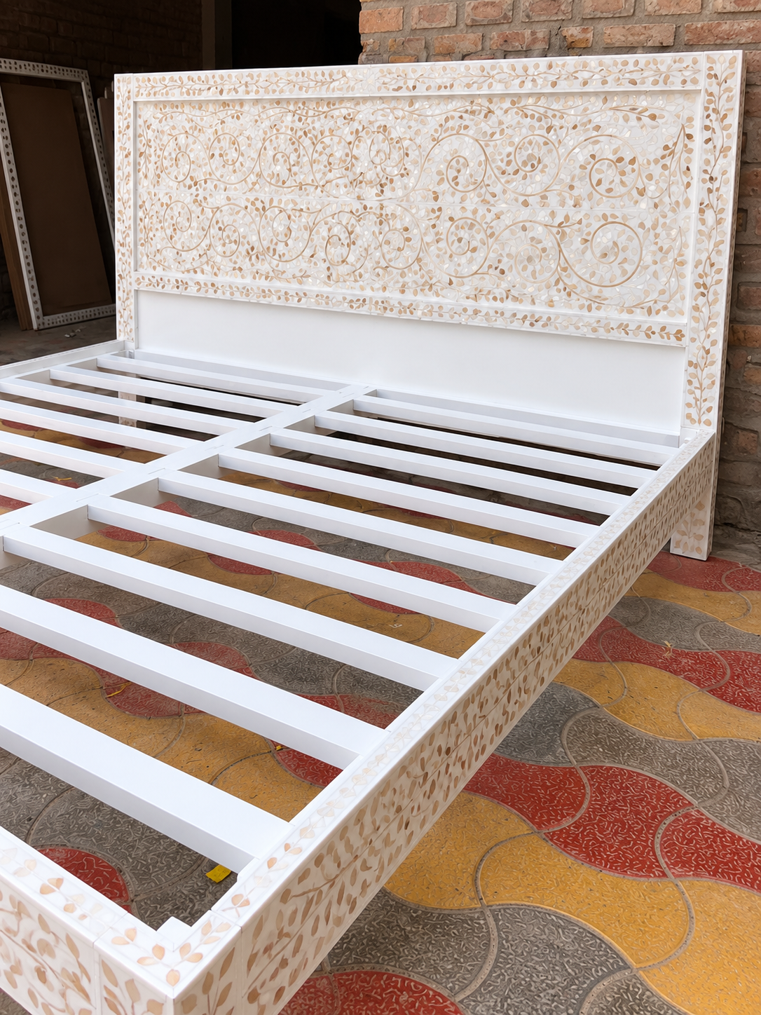 White Mother of Pearl Inlay Bed – Handmade Floral MOP Bed Frame with Headboard