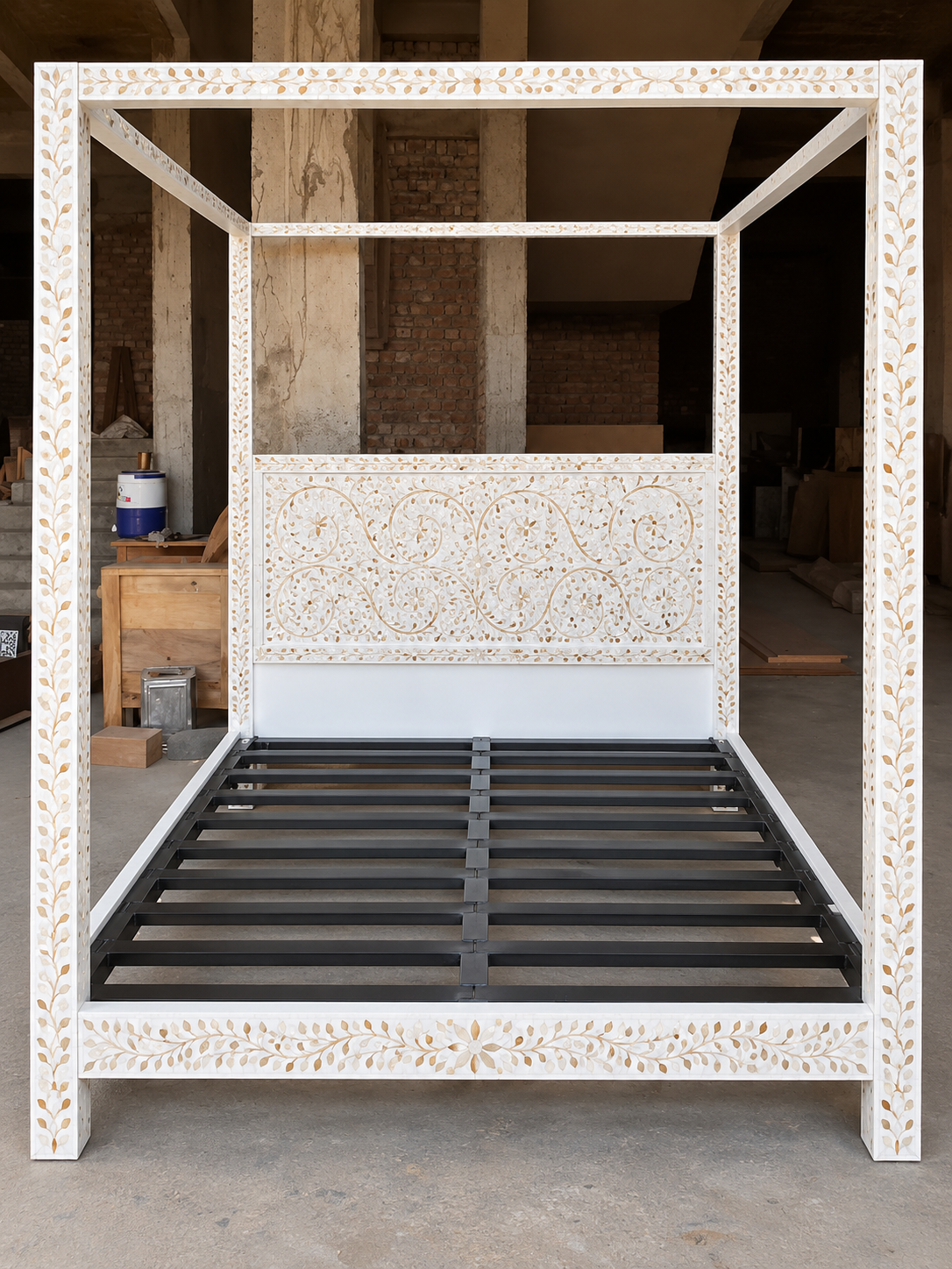 White Mother of Pearl inlay canopy bed with floral headboard and four poster frame