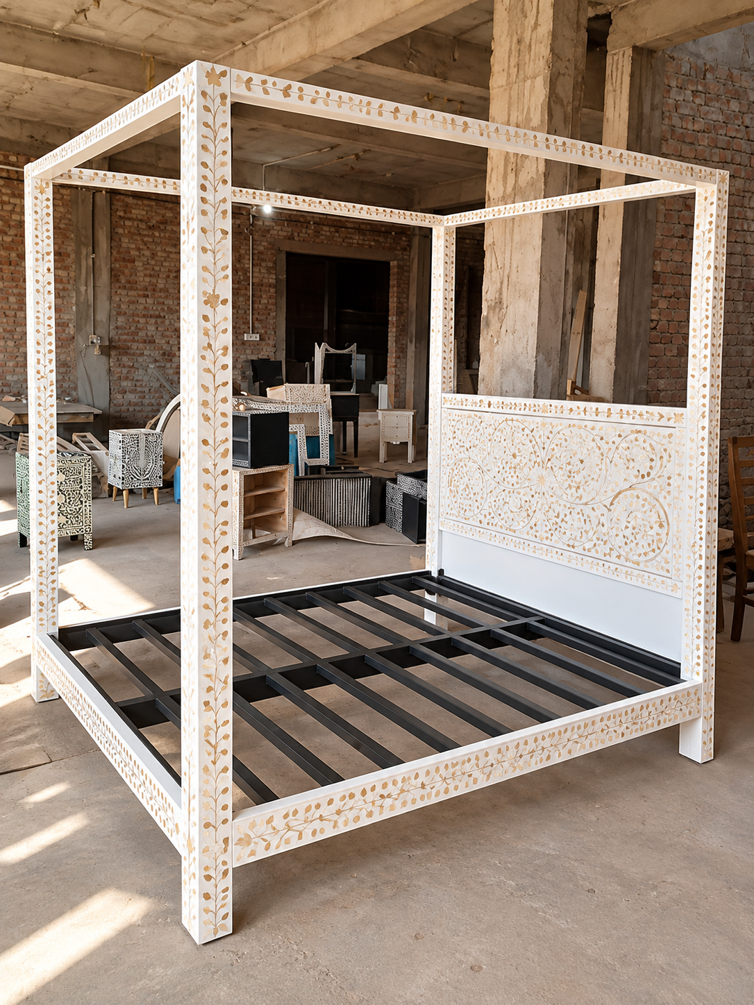 White Mother of Pearl Inlay Canopy Bed – Handmade Floral Four Poster Bed
