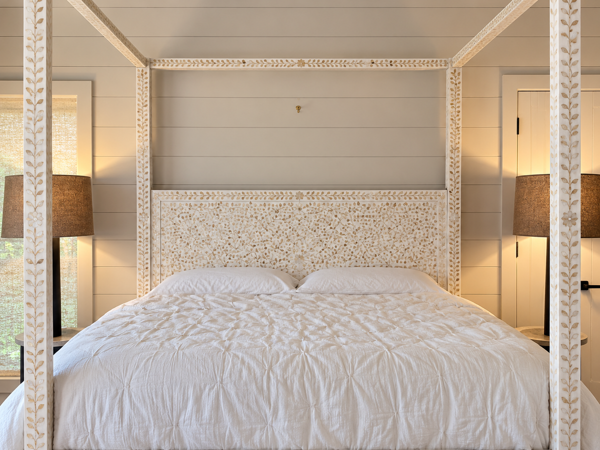 White Mother of Pearl Inlay Canopy Bed – Handmade Floral Four Poster Bed
