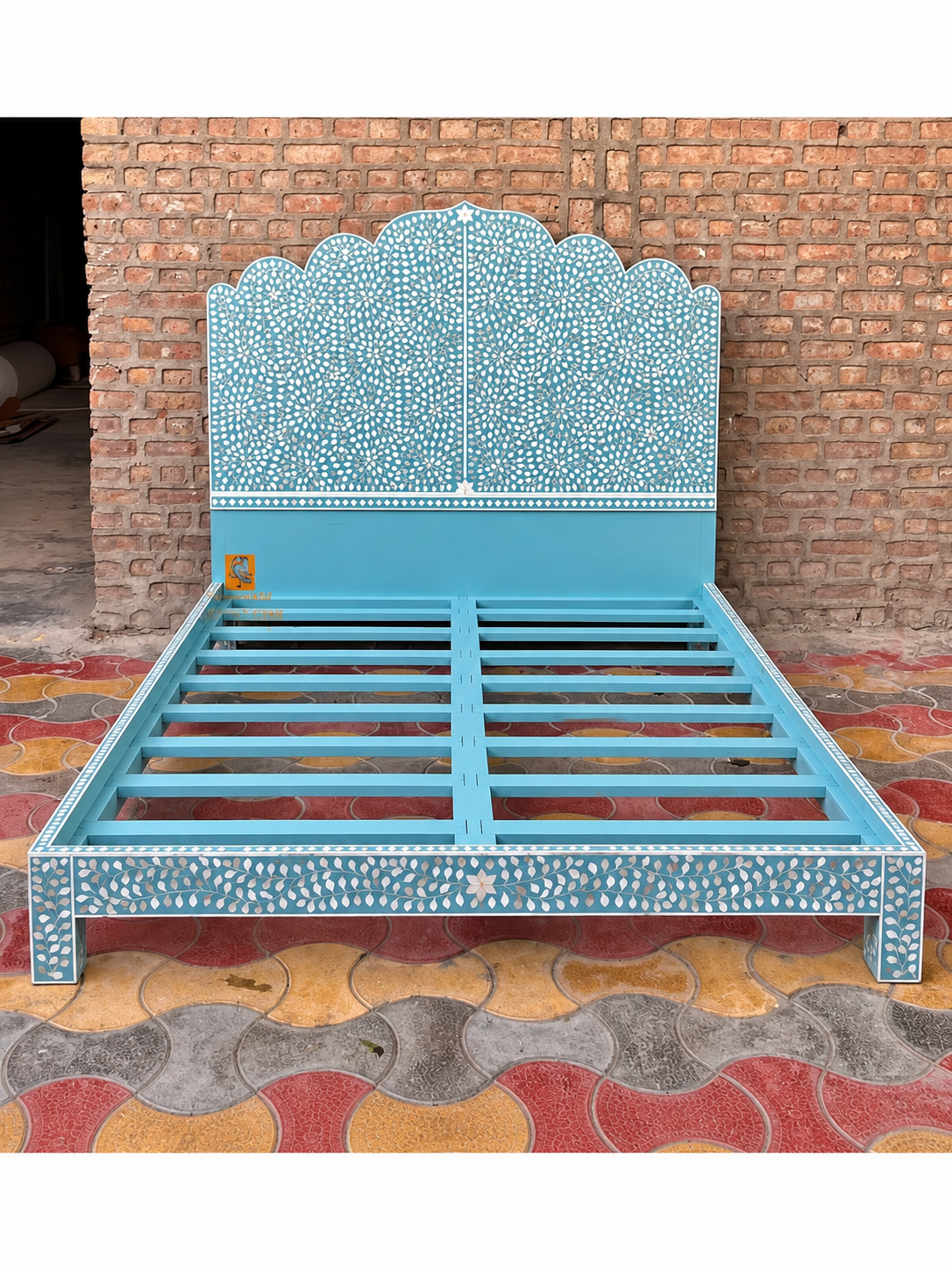Handmade turquoise Mother of Pearl inlay bed with floral design and scalloped headboard