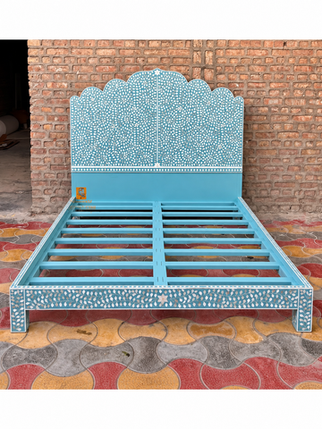 Handmade turquoise Mother of Pearl inlay bed with floral design and scalloped headboard