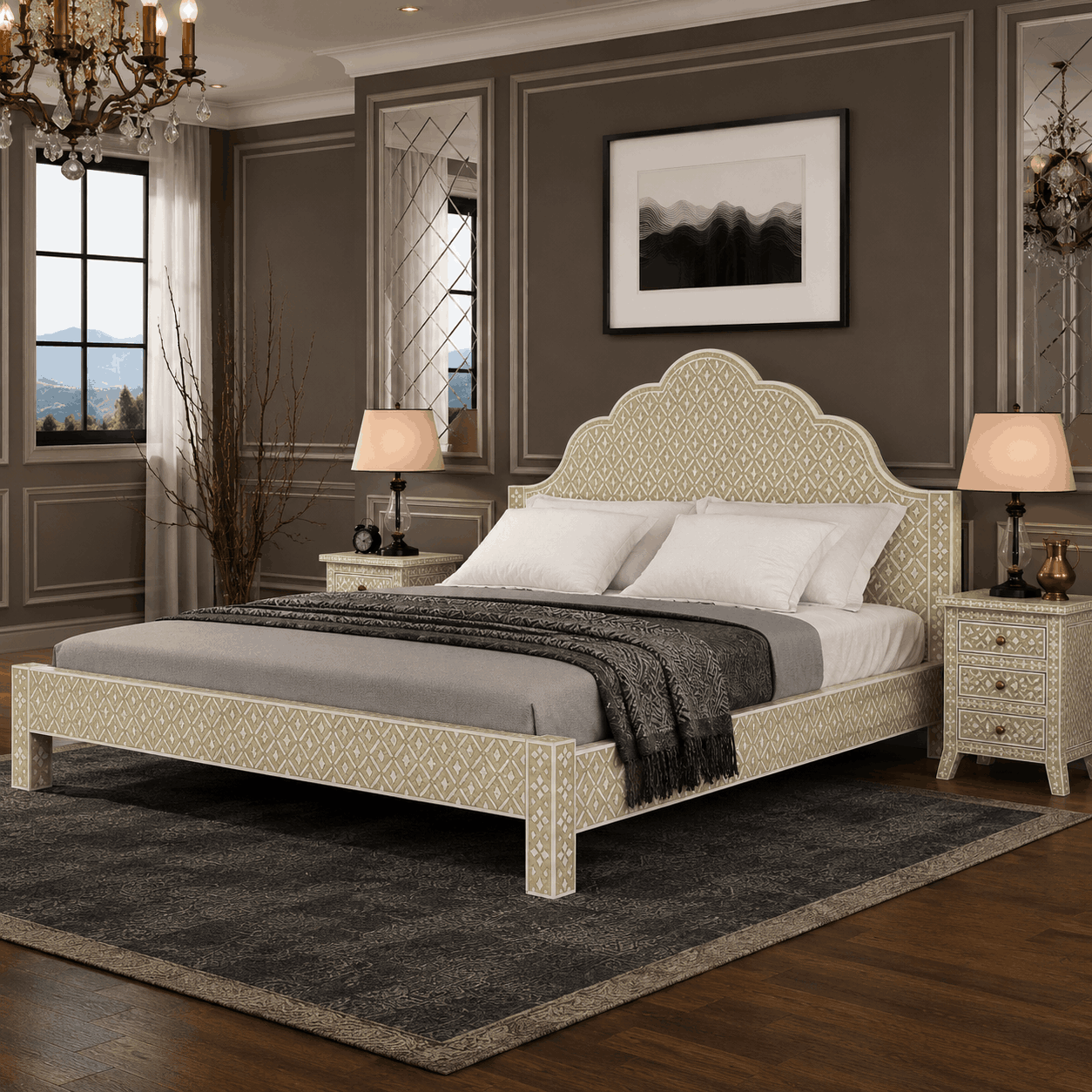 Handmade Beige Bone Inlay Bed Frame with Scalloped Headboard – Luxury Platform Bed