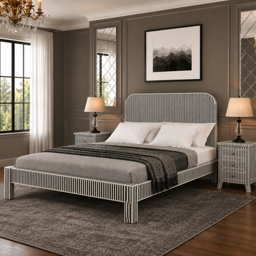 Black & White Striped Bone Inlay Bed Frame – Handmade Luxury Platform Bed