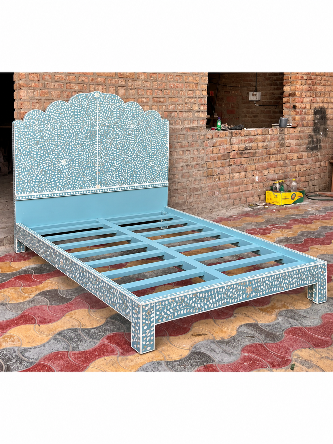 Turquoise Mother of Pearl Inlay Bed – Handmade Floral Bed with Scalloped Headboard