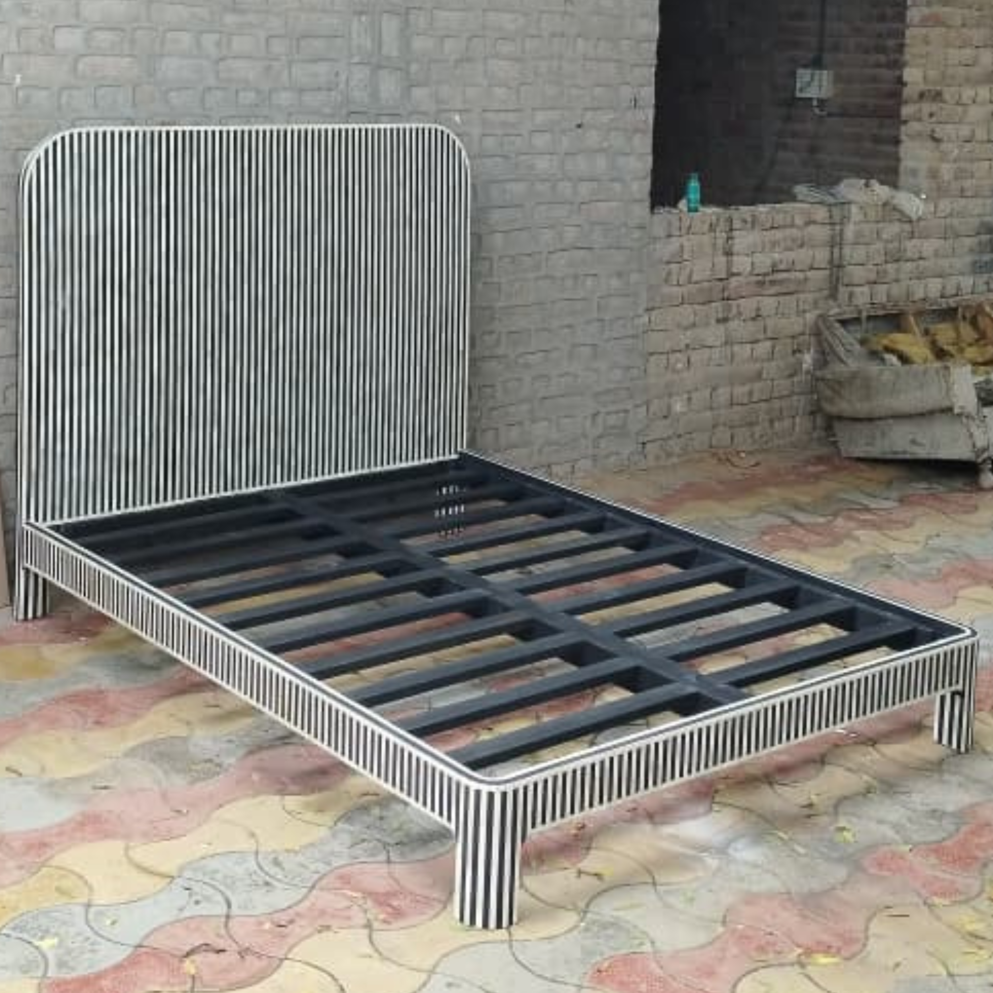 Black & White Striped Bone Inlay Bed Frame – Handmade Luxury Platform Bed