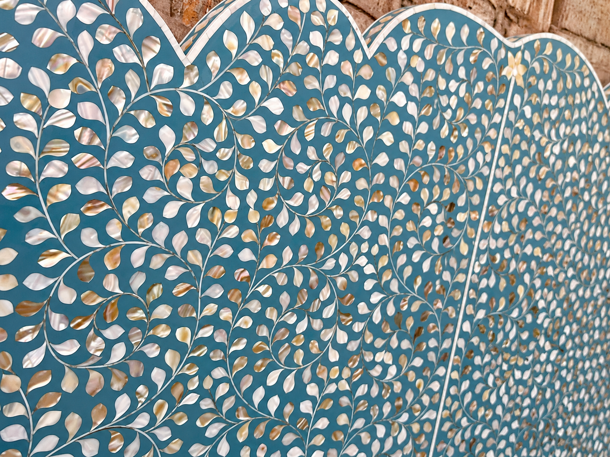 Turquoise Mother of Pearl Inlay Bed – Handmade Floral Bed with Scalloped Headboard