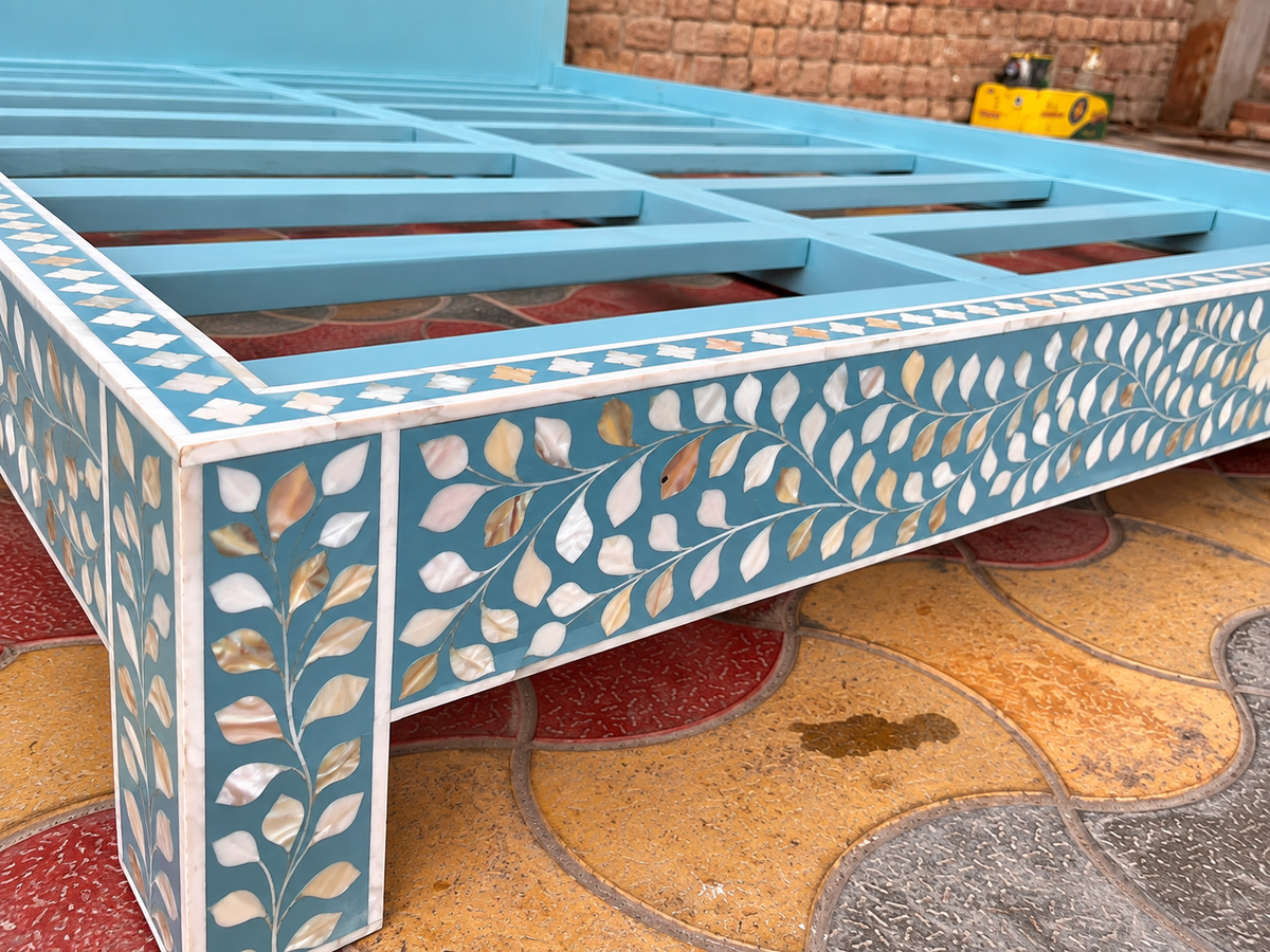 Turquoise Mother of Pearl Inlay Bed – Handmade Floral Bed with Scalloped Headboard
