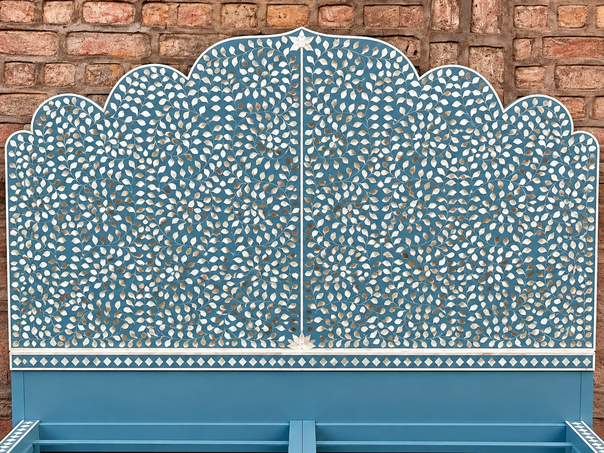 Turquoise Mother of Pearl Inlay Bed – Handmade Floral Bed with Scalloped Headboard