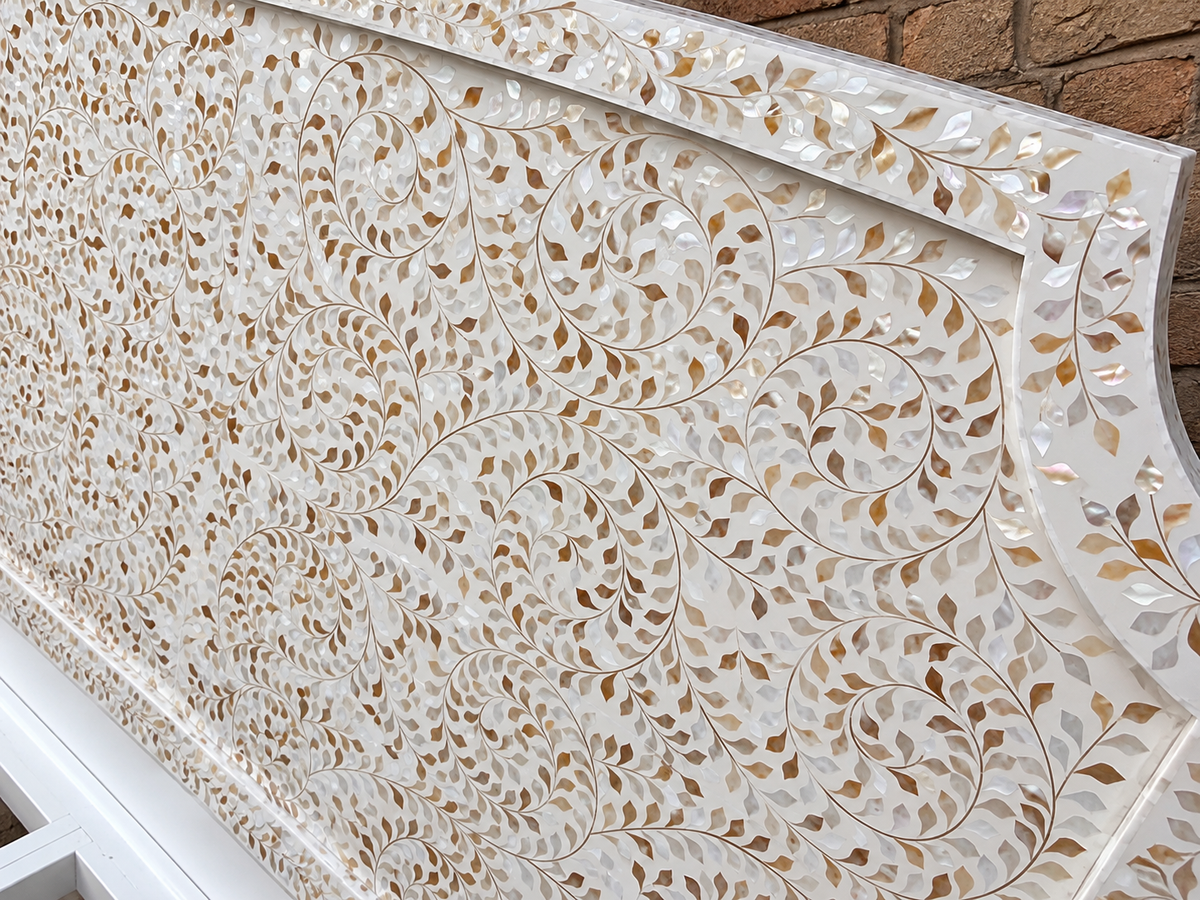 White Mother of Pearl Inlay Canopy Bed – Handmade Floral Four Poster Bed