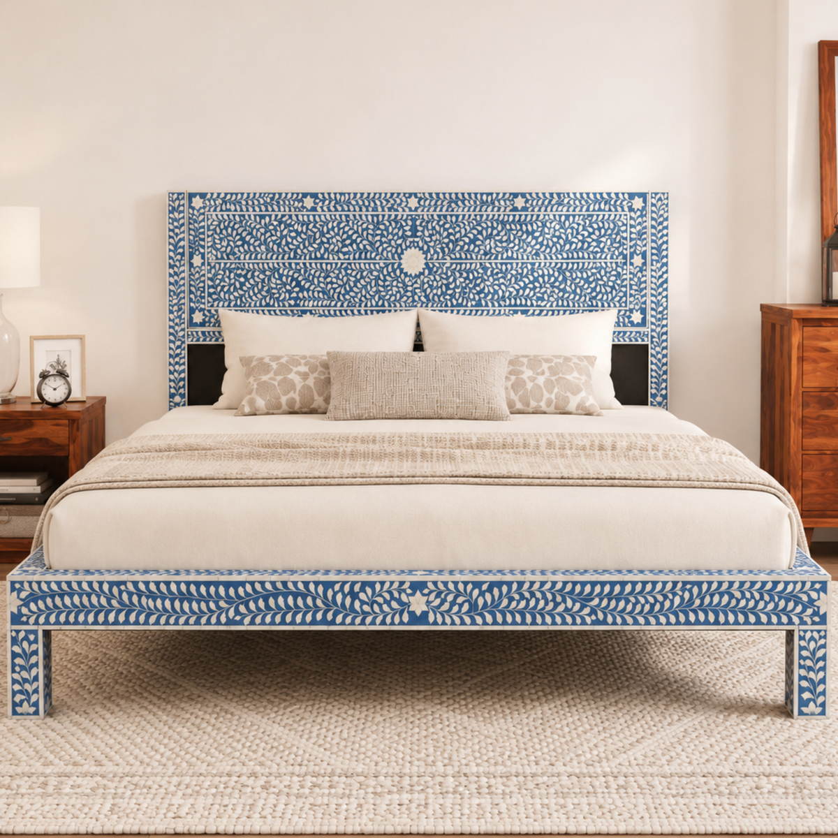 Handmade Blue & White Bone Inlay Bed – Floral Vine Platform Bed Frame