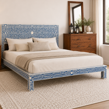 Handmade Blue & White Bone Inlay Bed – Floral Vine Platform Bed Frame