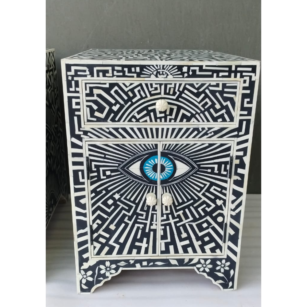 Handmade Evil Eye Bone Inlay Bedside Table | Modern Nightstand with Storage Drawer