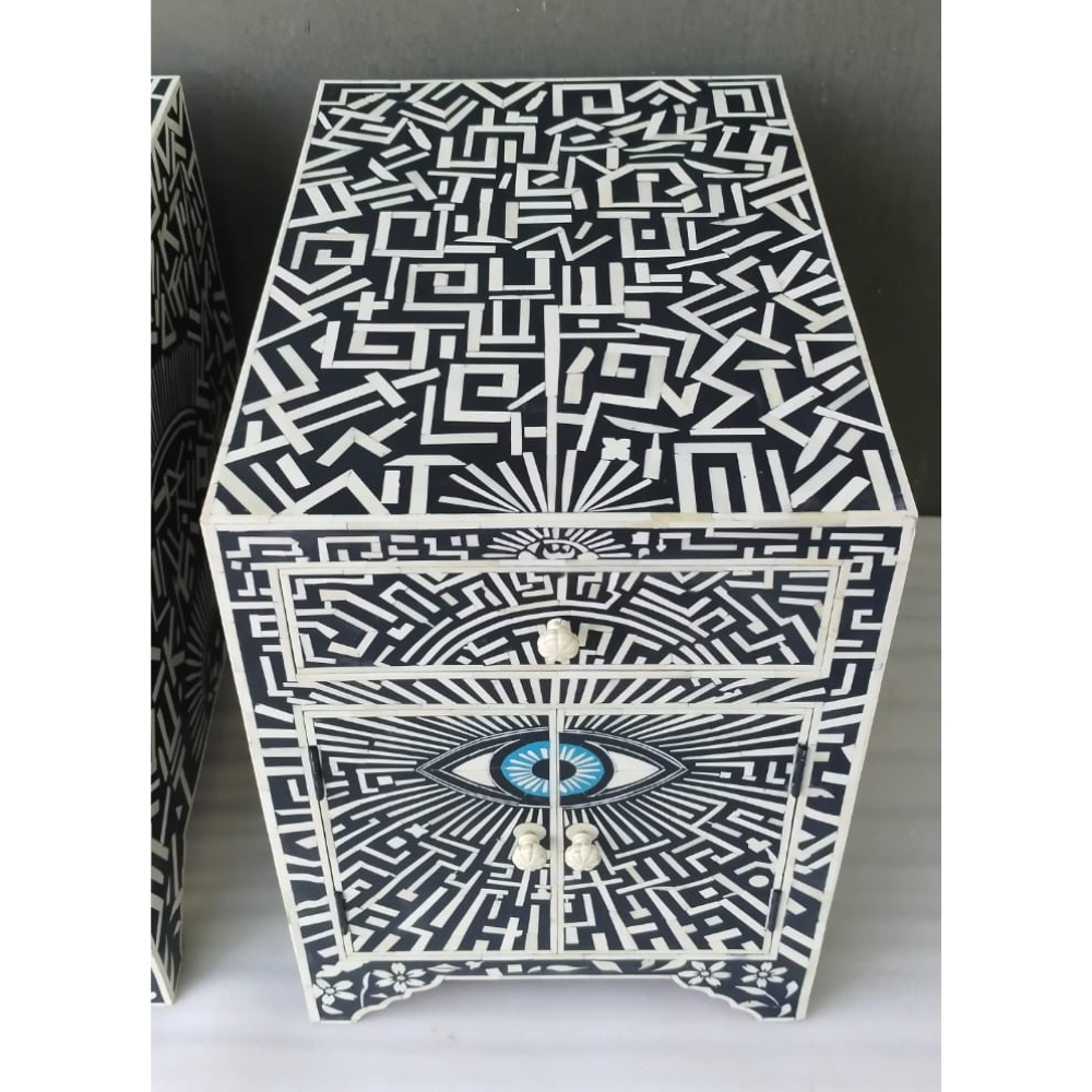 Handmade Evil Eye Bone Inlay Bedside Table | Modern Nightstand with Storage Drawer