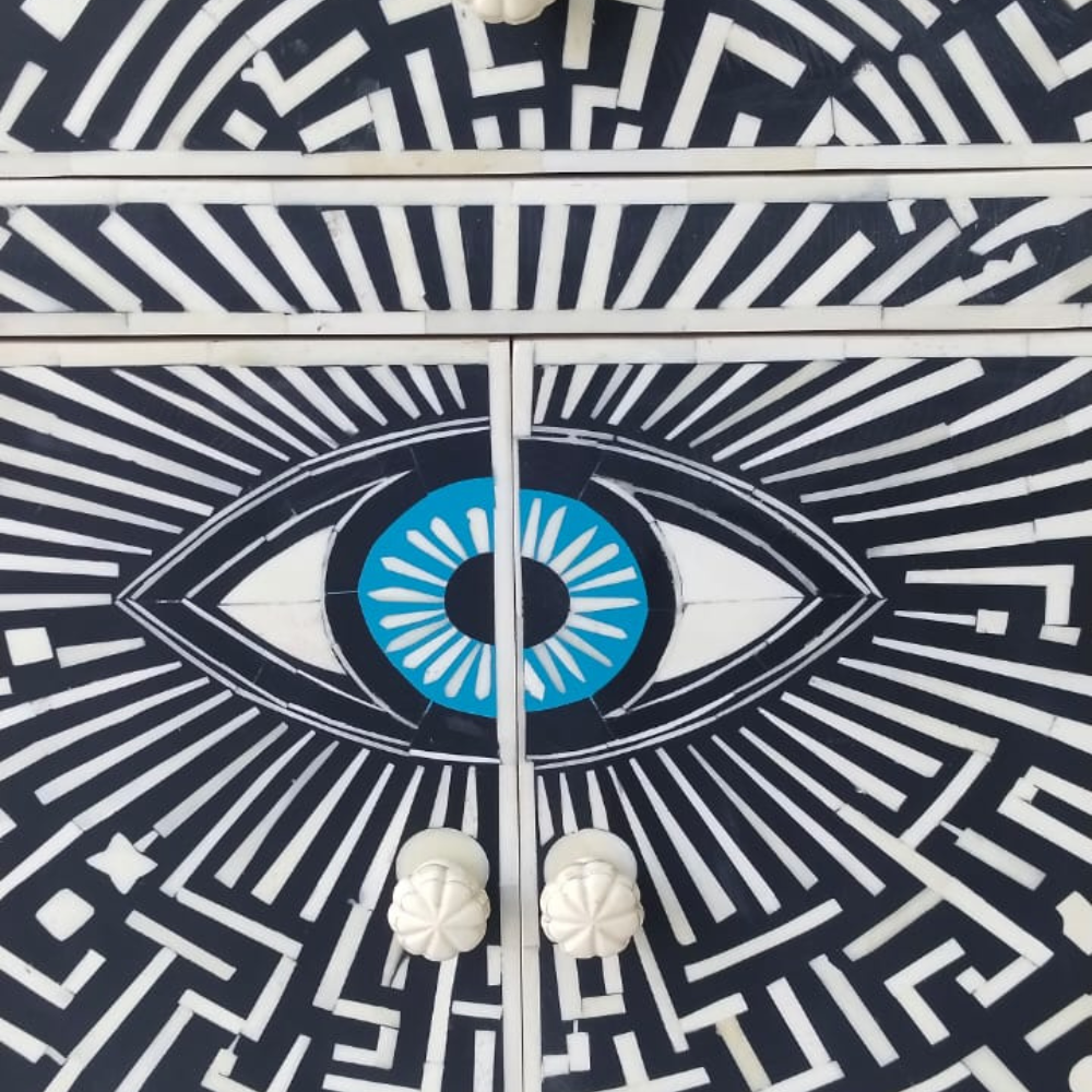 Handmade Evil Eye Bone Inlay Bedside Table | Modern Nightstand with Storage Drawer