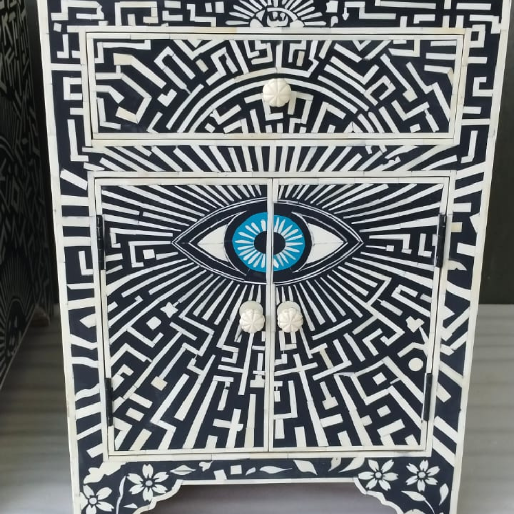 Handmade Evil Eye Bone Inlay Bedside Table | Modern Nightstand with Storage Drawer