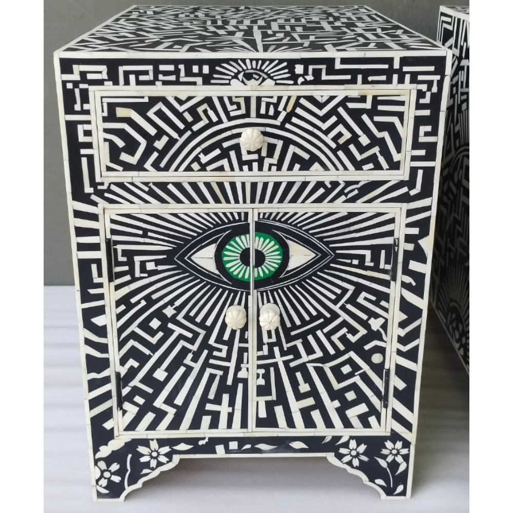Handmade Evil Eye Bone Inlay Bedside Table | Modern Nightstand with Storage Drawer