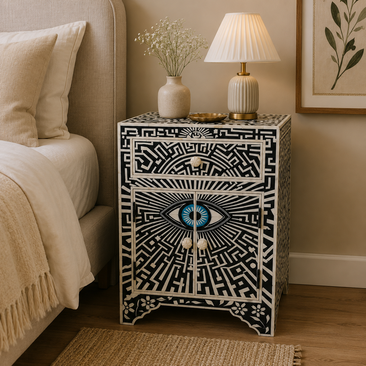 Handmade Evil Eye Bone Inlay Bedside Table | Modern Nightstand with Storage Drawer