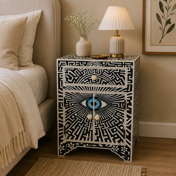 Handmade Evil Eye Bone Inlay Bedside Table | Modern Nightstand with Storage Drawer