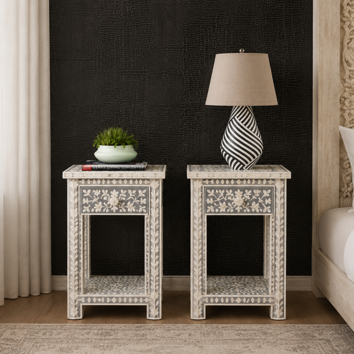 Handmade Grey Bone Inlay Bedside Table Set of 2 | Floral Nightstands