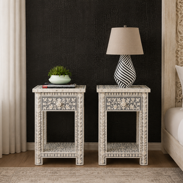 Handmade Grey Bone Inlay Bedside Table Set of 2 | Floral Nightstands
