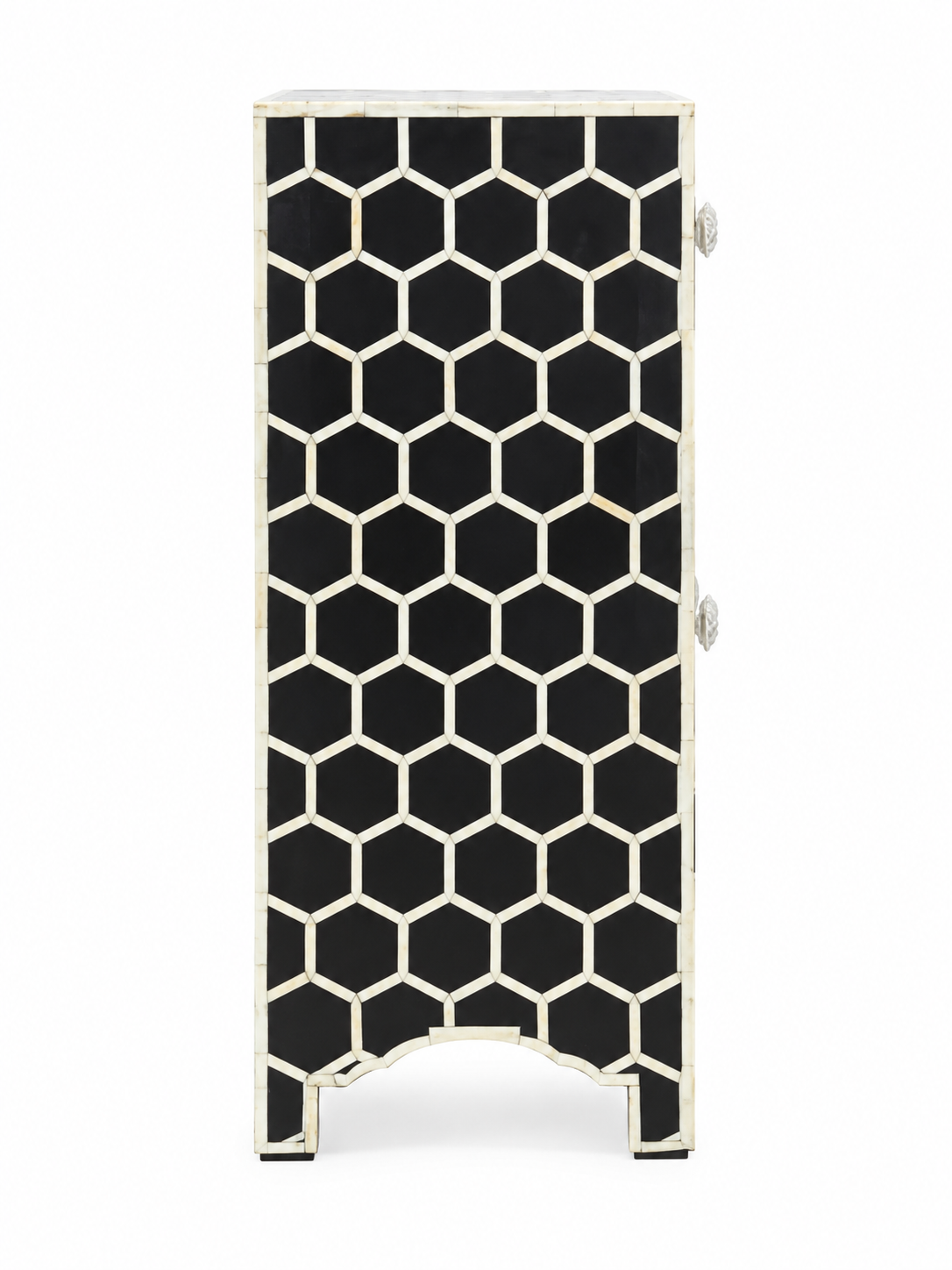 Handmade Black & White Bone Inlay Cabinet – Honeycomb 1 Drawer 2 Door Storage Chest