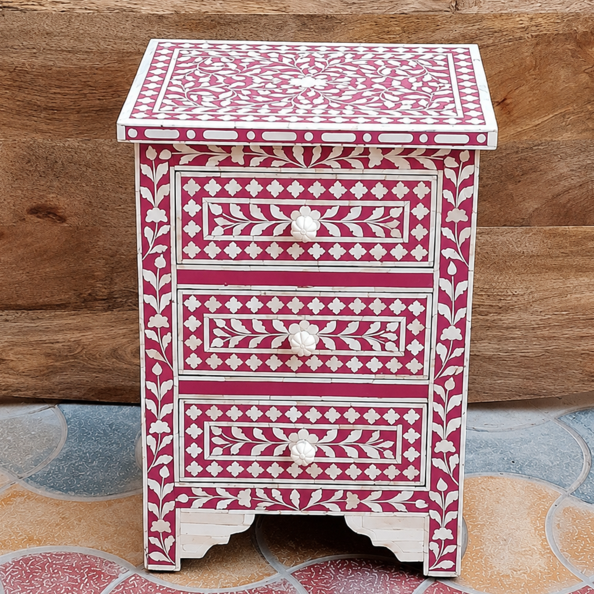 Raspberry Pink Bone Inlay Nightstand with 3 Drawers – Handmade Floral Bedside Table