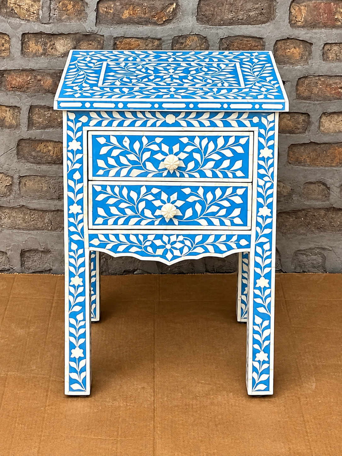 Handmade Blue & White Bone Inlay Bedside Table – Floral 2 Drawer Nightstand