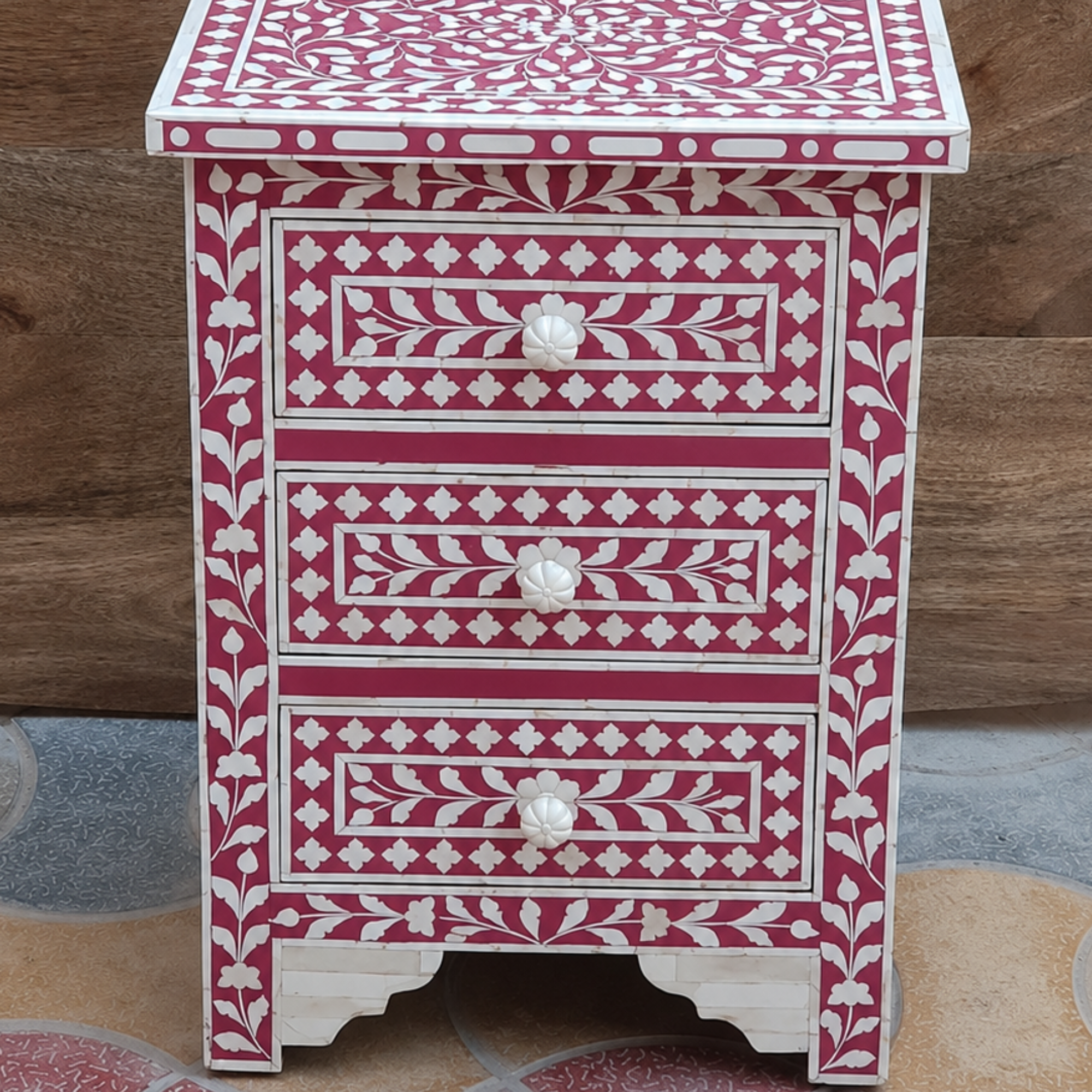 Raspberry Pink Bone Inlay Nightstand with 3 Drawers – Handmade Floral Bedside Table
