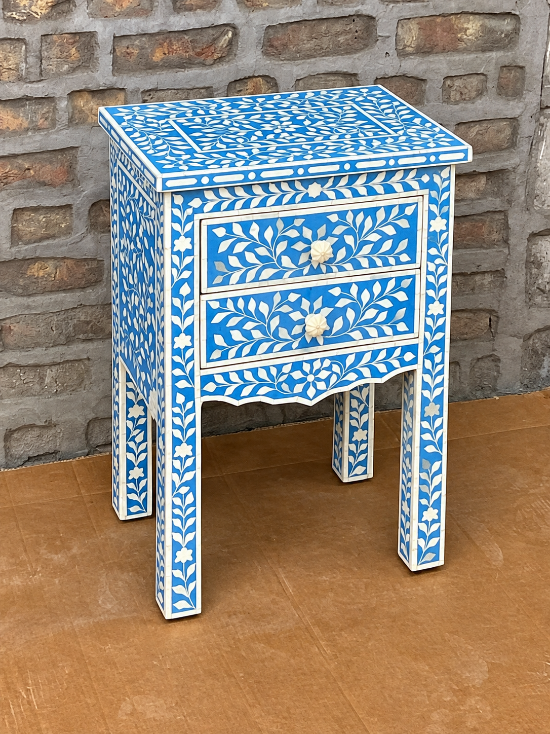 Handmade Blue & White Bone Inlay Bedside Table – Floral 2 Drawer Nightstand