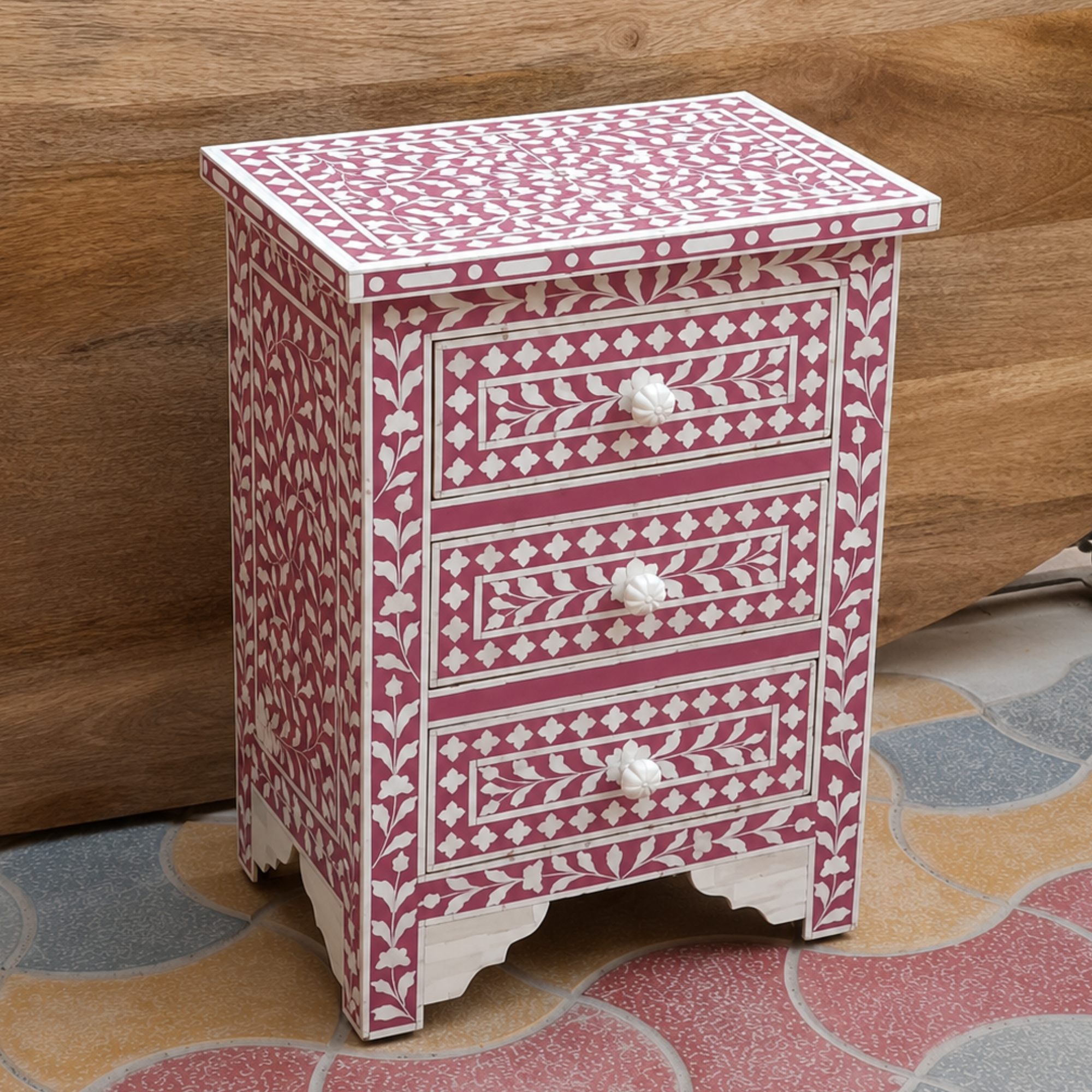 Raspberry Pink Bone Inlay Nightstand with 3 Drawers – Handmade Floral Bedside Table