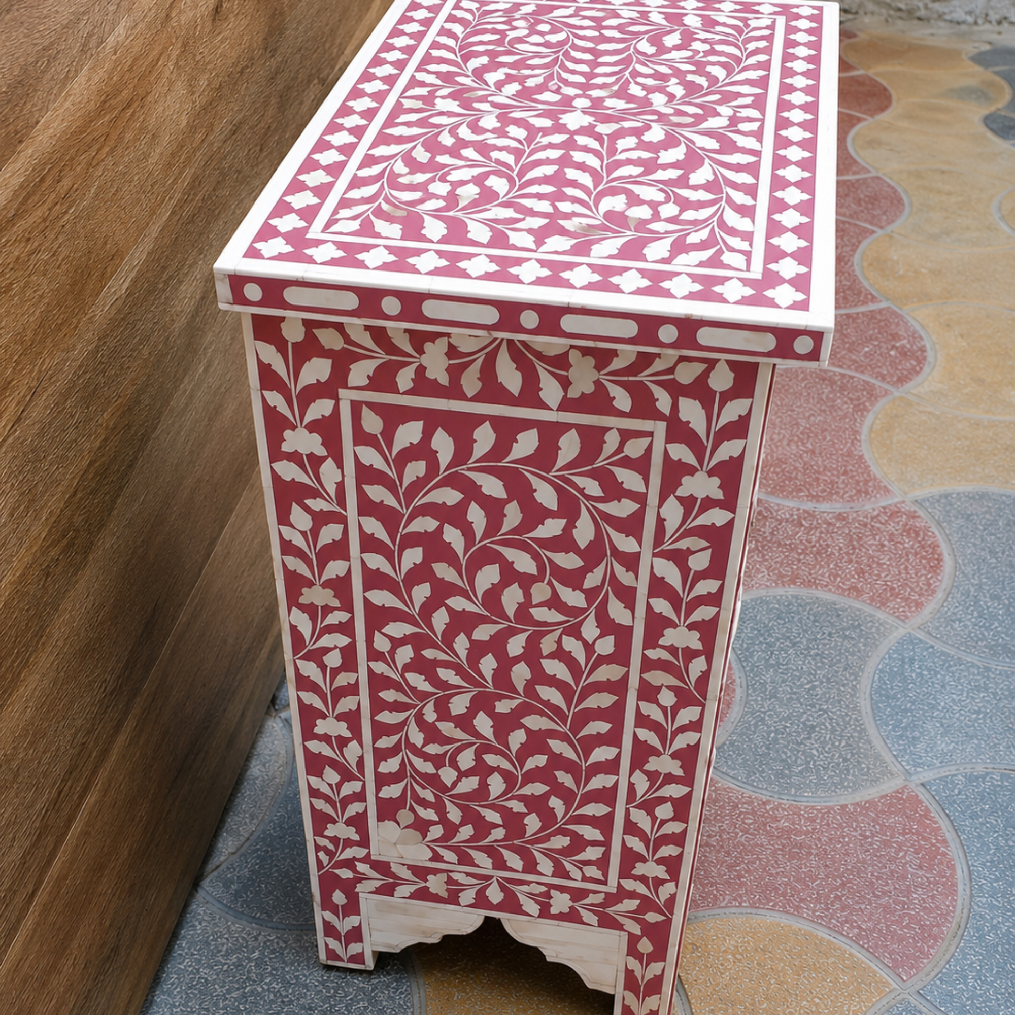 Raspberry Pink Bone Inlay Nightstand with 3 Drawers – Handmade Floral Bedside Table