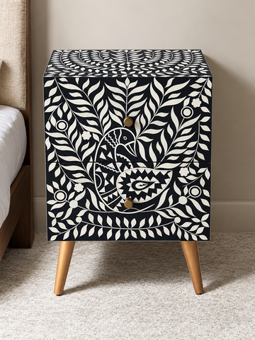 Handmade Black & White Bone Inlay Bedside Table – Peacock Floral 2 Drawer Nightstand