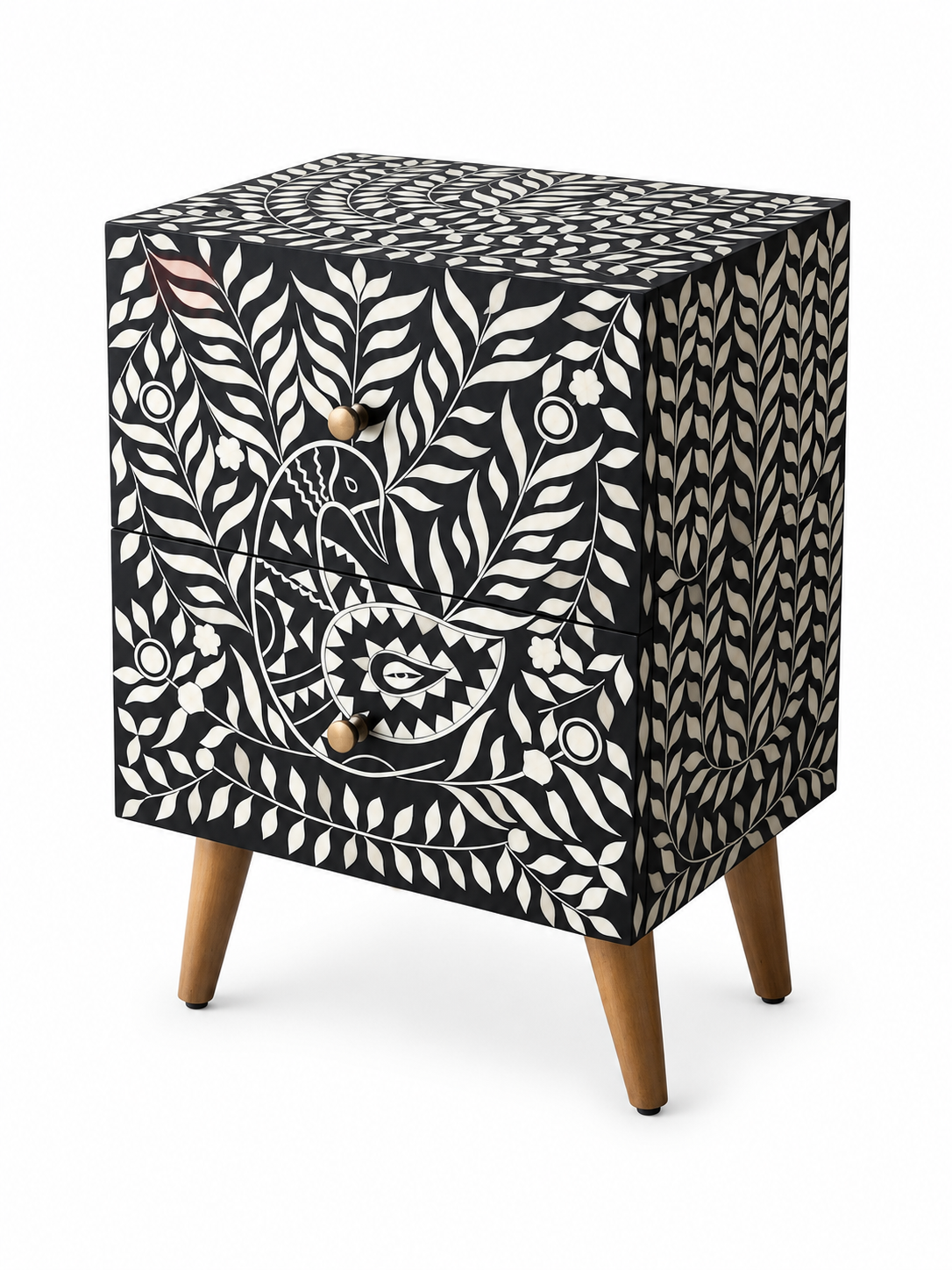 Handmade Black & White Bone Inlay Bedside Table – Peacock Floral 2 Drawer Nightstand