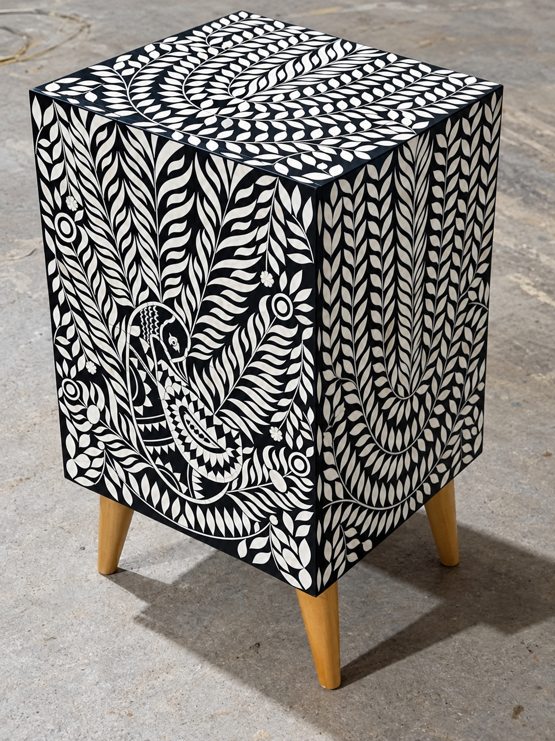 Handmade Black & White Bone Inlay Bedside Table – Peacock Floral 2 Drawer Nightstand