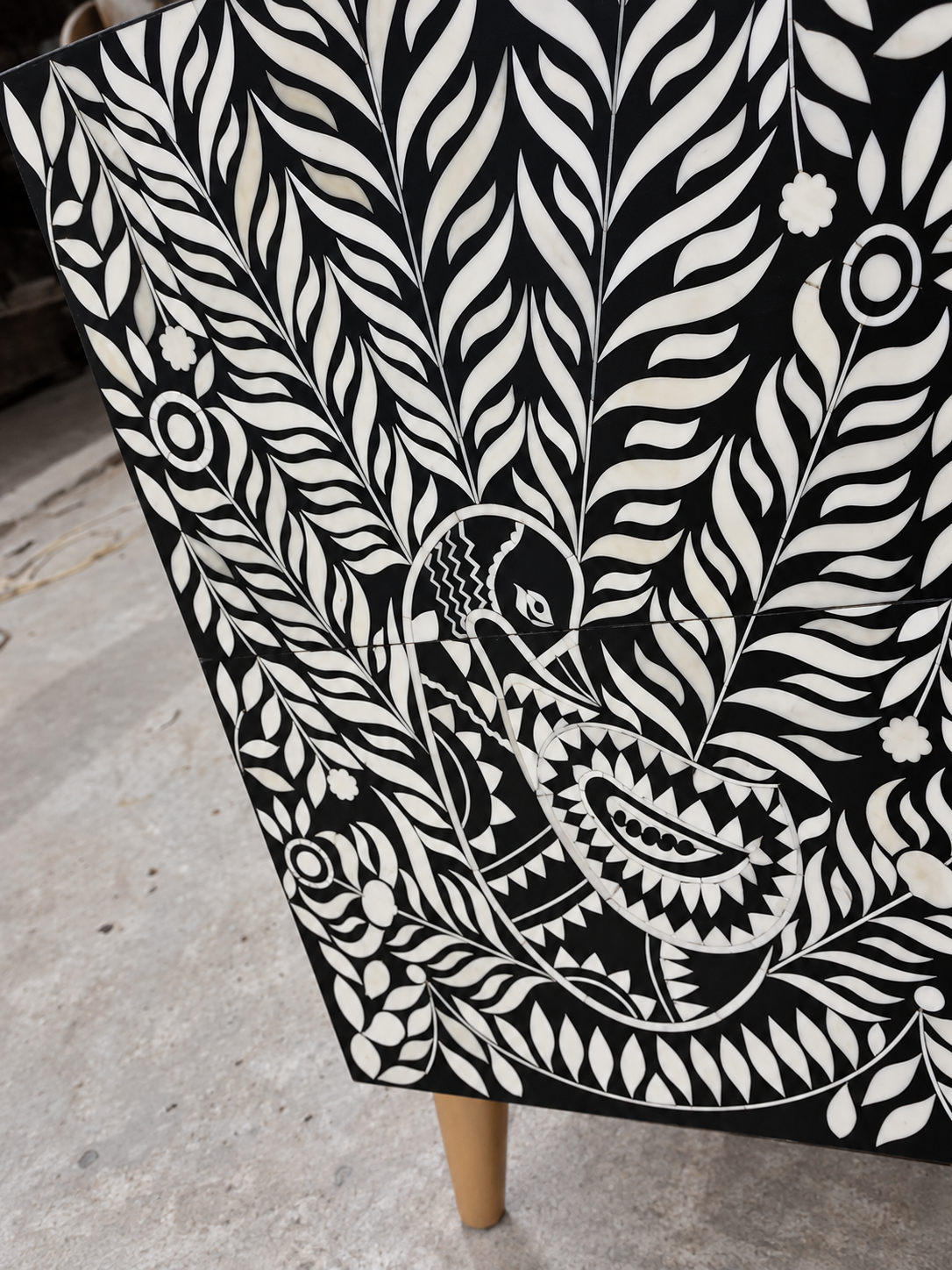 Handmade Black & White Bone Inlay Bedside Table – Peacock Floral 2 Drawer Nightstand