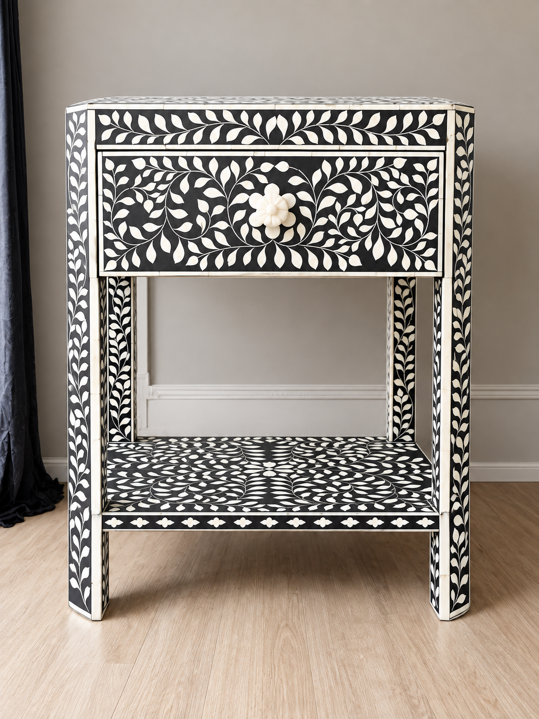 Handmade Black & White Bone Inlay Bedside Table – Floral 1 Drawer Nightstand with Shelf