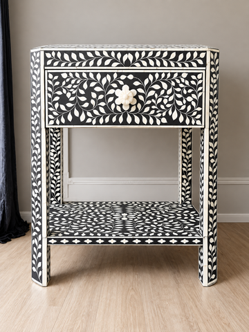 Handmade Black & White Bone Inlay Bedside Table – Floral 1 Drawer Nightstand with Shelf