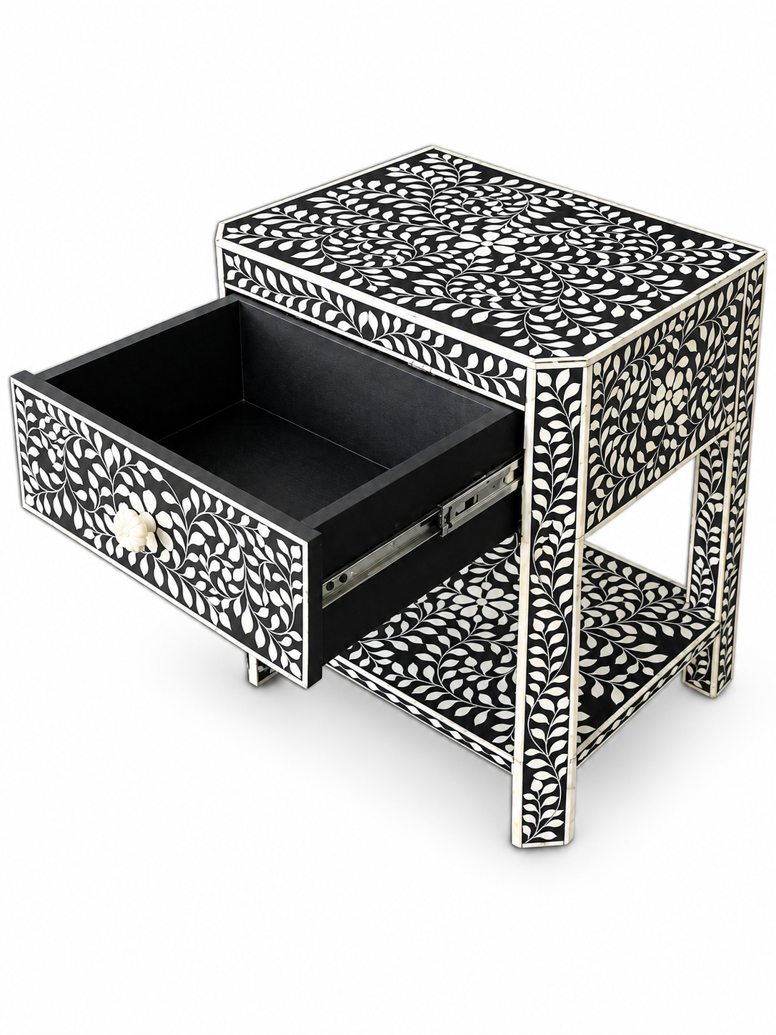 Handmade Black & White Bone Inlay Bedside Table – Floral 1 Drawer Nightstand with Shelf
