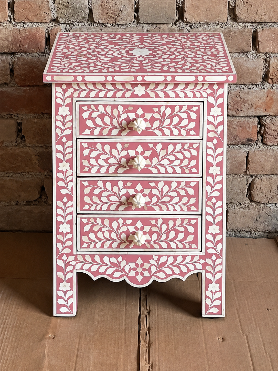 Handmade Pink & White Bone Inlay Bedside Table – Floral 4 Drawer Nightstand