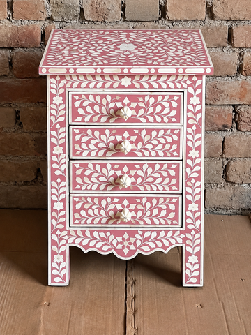 Handmade Pink & White Bone Inlay Bedside Table – Floral 4 Drawer Nightstand
