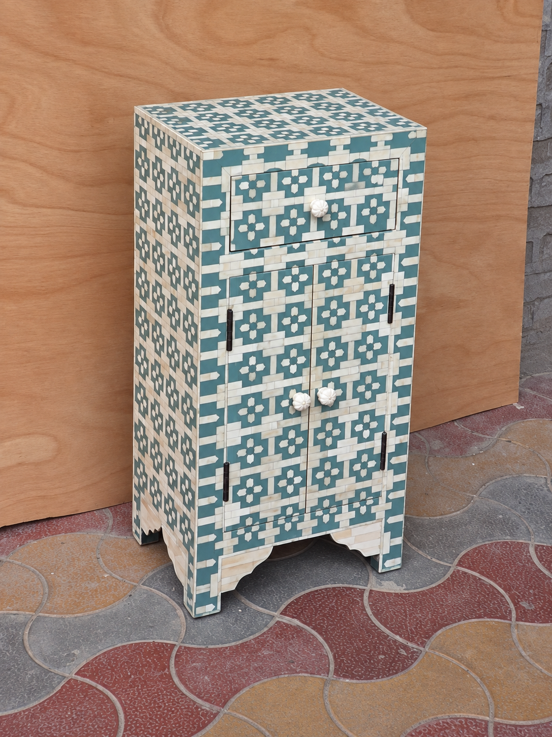 Handmade Teal Blue & White Bone Inlay Bedside Cabinet – 1 Drawer 2 Door Nightstand