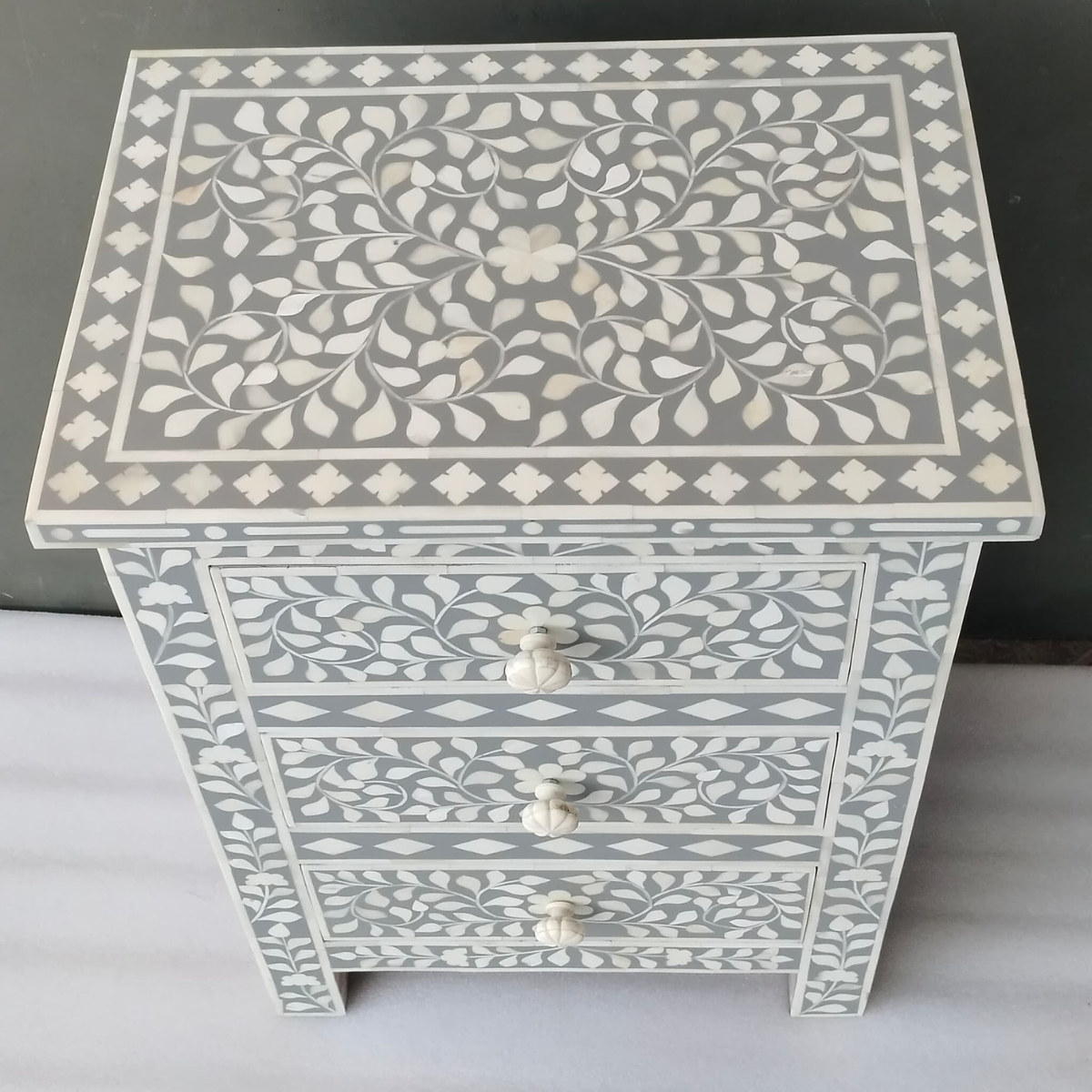 Handmade Grey Bone Inlay 3 Drawer Bedside Table | Floral Nightstand